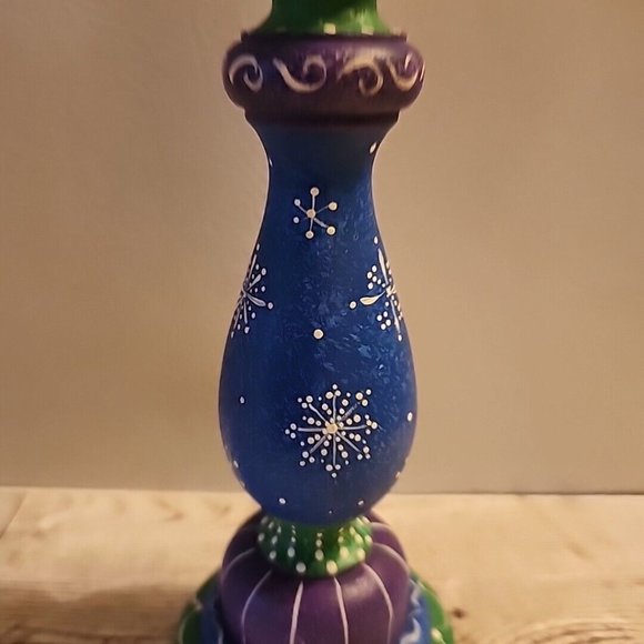 7" Colorful Wooden Candle Holder Snowflakes Purple Blue Hand Painted Made/USA - Picture 3 of 10
